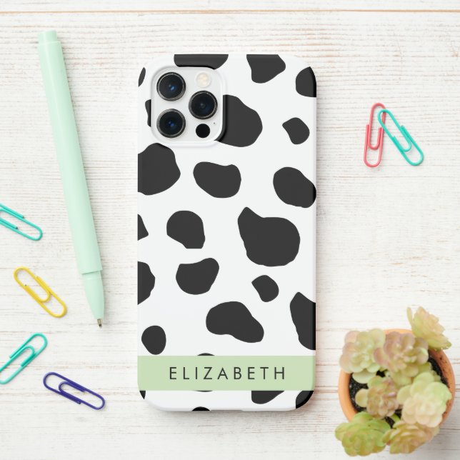 Cow Print, Cow Spots, Black And White, Your Name iPhone Case (On Desk)