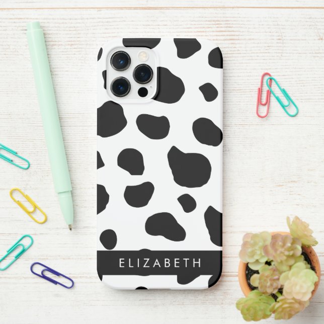 Cow Print, Cow Spots, Black And White, Your Name iPhone Case (On Desk)