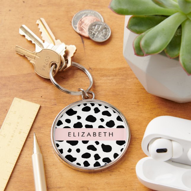 Cow Print, Cow Spots, Black And White, Your Name Key Ring (Desk)