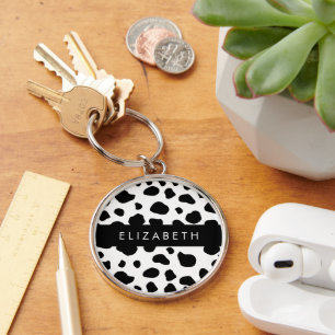 Cow Print, Cow Spots, Black And White, Your Name Key Ring