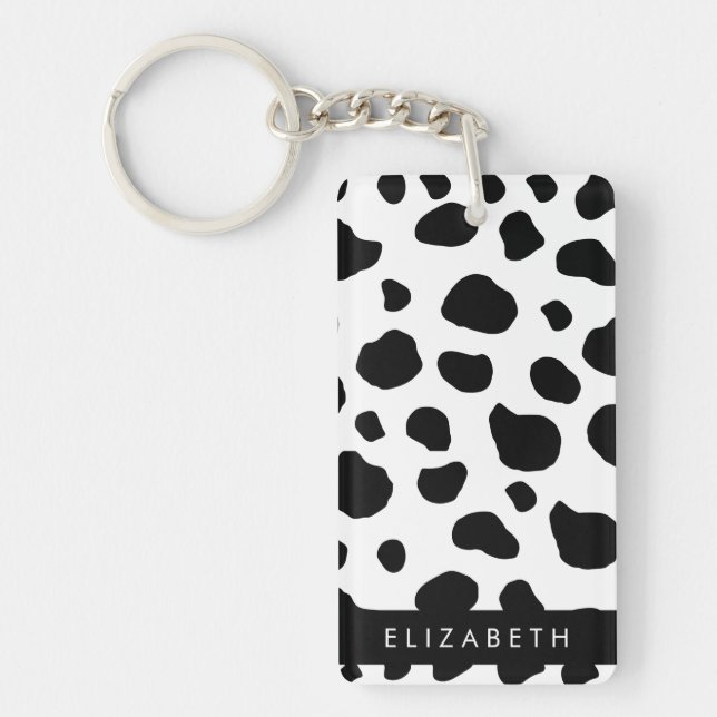 Cow Print, Cow Spots, Black And White, Your Name Key Ring (Front)