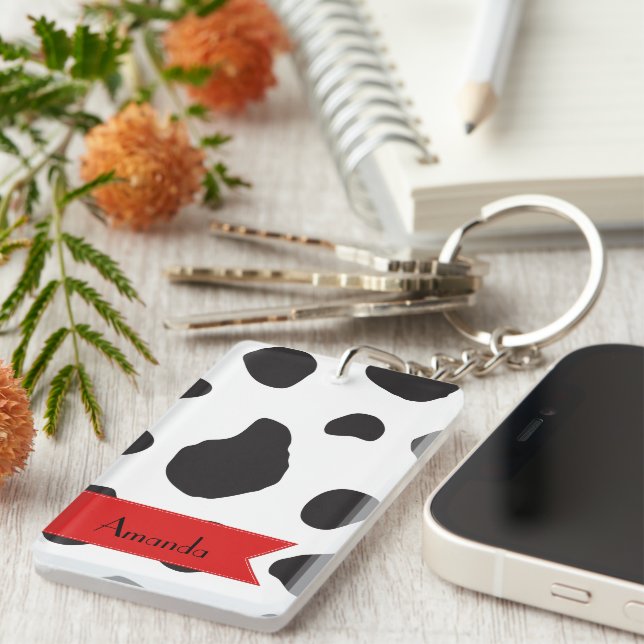 Cow Print, Cow Spots, Black And White, Your Name Key Ring (Front Right)