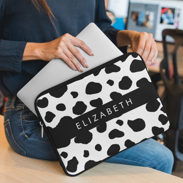 Cow Print, Cow Spots, Black And White, Your Name Laptop Sleeve (Creator Uploaded)