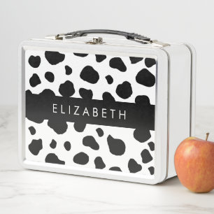 Cow Print, Cow Spots, Black And White, Your Name Metal Lunch Box