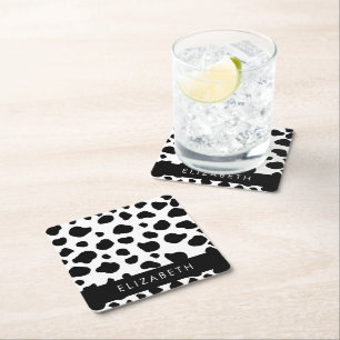 Cow Print, Cow Spots, Black And White, Your Name Square Paper Coaster