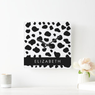 Cow Print, Cow Spots, Black And White, Your Name Square Wall Clock