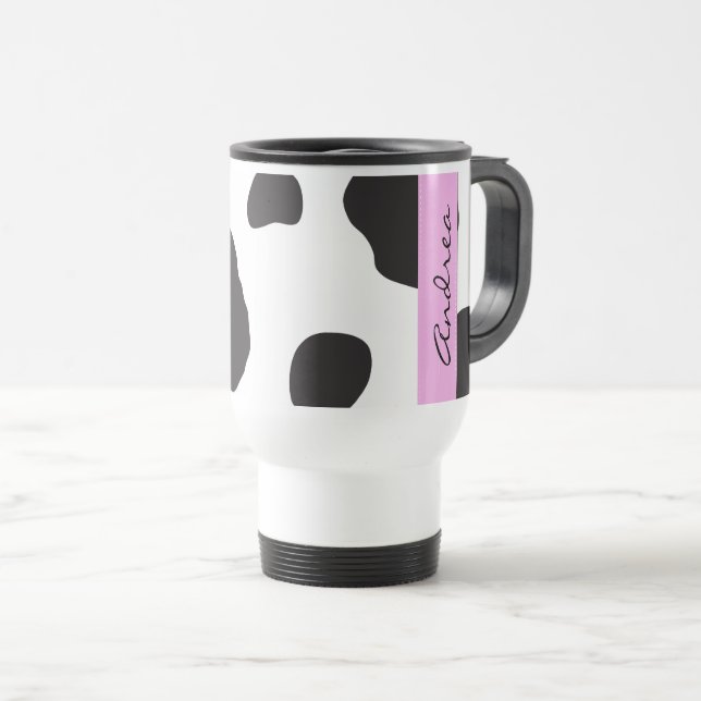 Cow Print, Cow Spots, Black And White, Your Name Travel Mug (Front Right)