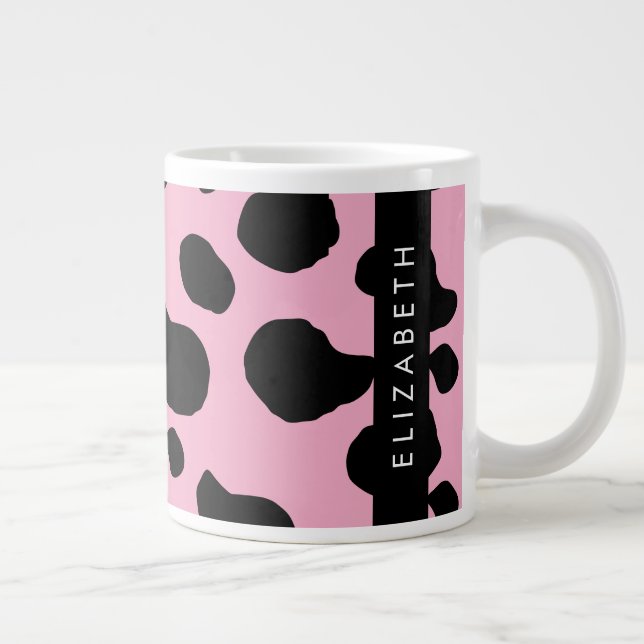 Cow Print, Cow Spots, Pink Cow, Your Name Large Coffee Mug (Right)