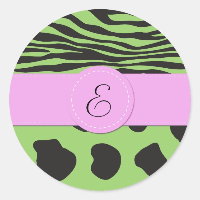 Cow Print, Cow Spots, Zebra Stripes, Monogram Classic Round Sticker (Front)