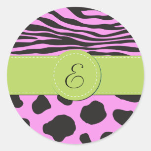 Cow Print, Cow Spots, Zebra Stripes, Monogram Classic Round Sticker