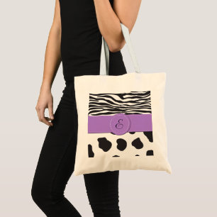 Cow Print, Cow Spots, Zebra Stripes, Monogram Tote Bag
