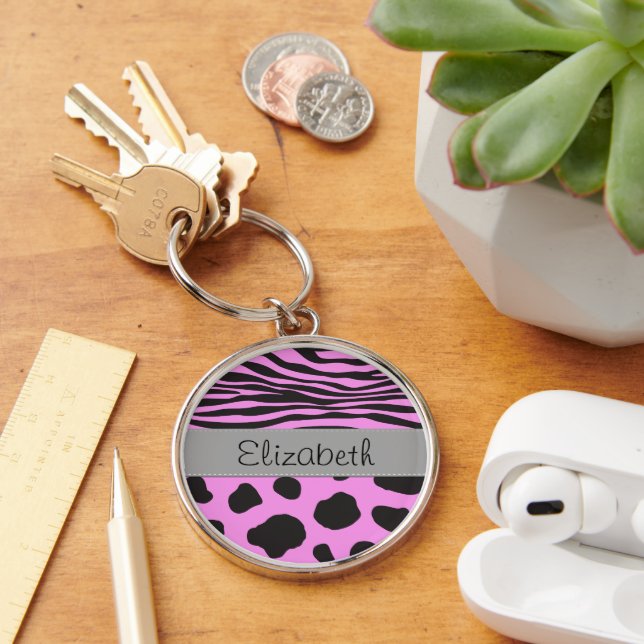 Cow Print, Cow Spots, Zebra Stripes, Your Name Key Ring (Desk)