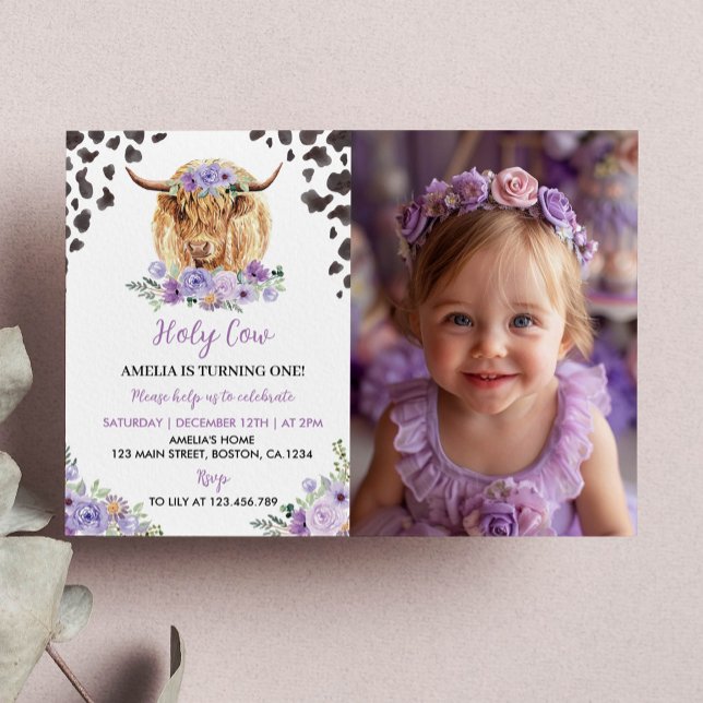 Cow Print Girl Birthday Floral Photo Invitation (Creator Uploaded)