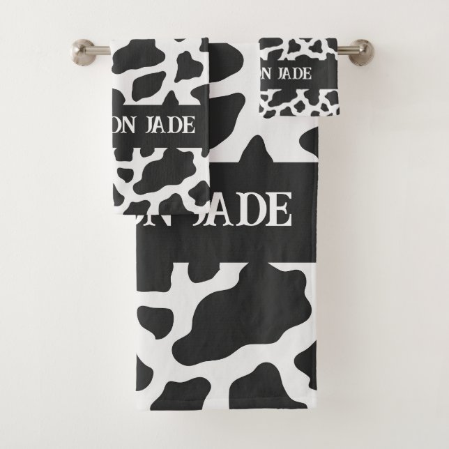 Cow Print Monogram Minimal Animal Print Bath Towel Set (Insitu)