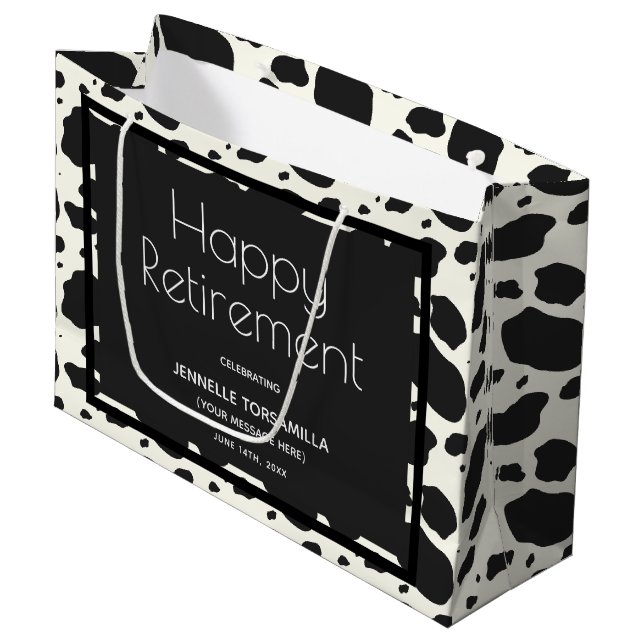 Cow Print Name Retirement Party Large Gift Bag (Front Angled)