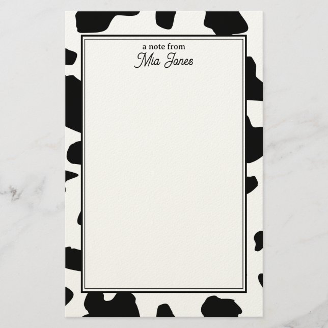 Cow Print Pattern Black and White Personalised Stationery (Front)