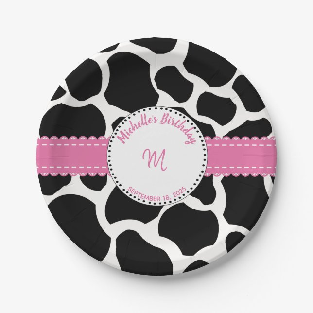 Cow Print Pink Black Birthday Paper Plate (Front)