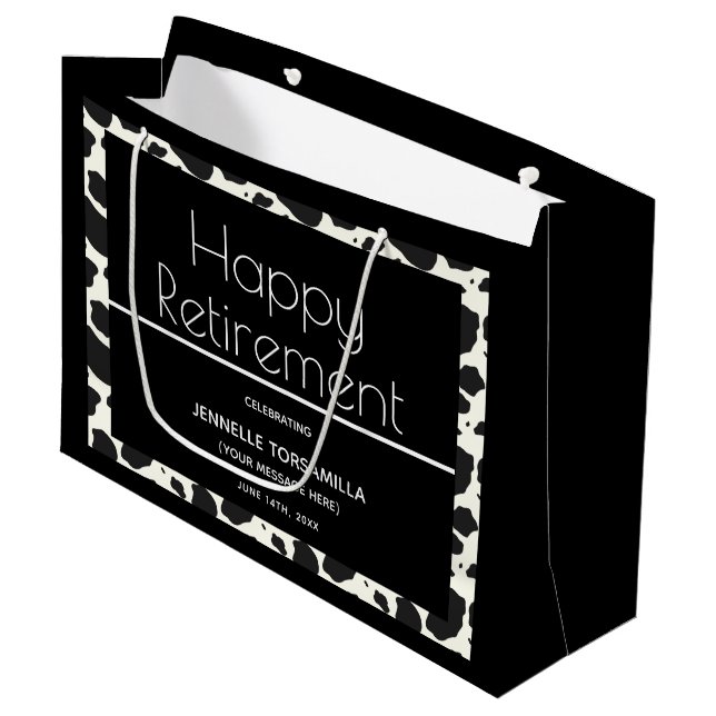 Cow Print Retirement Party Large Gift Bag (Front Angled)