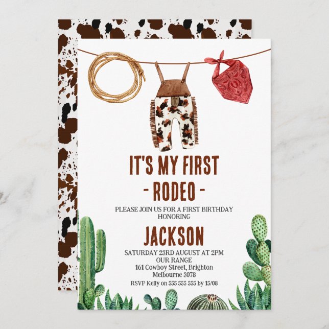 Cow Print Rustic First Rodeo Cowboy Invitation (Front/Back)