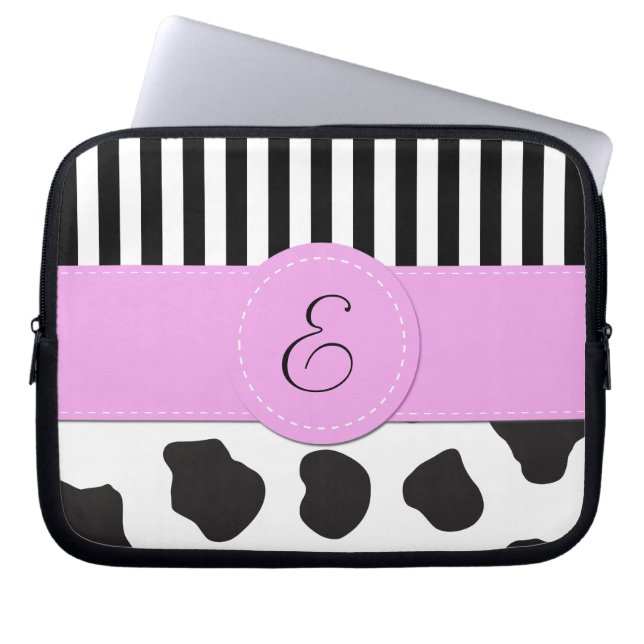 Cow Print, Stripes, Black and White, Monogram Laptop Sleeve (Front)