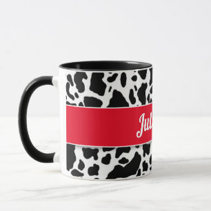 Cow Print with Red Border and White Name Mug
