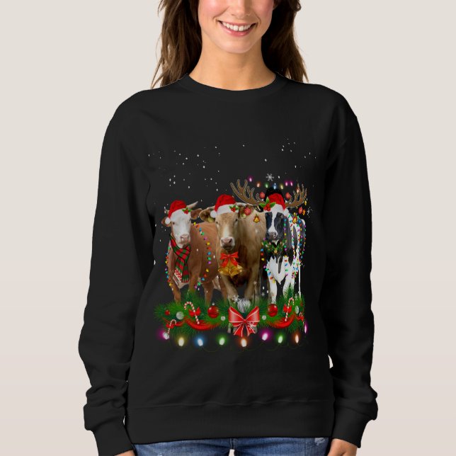 Cow Reindeer Hat Santa Christmas Light Funny Cow C Sweatshirt (Front)