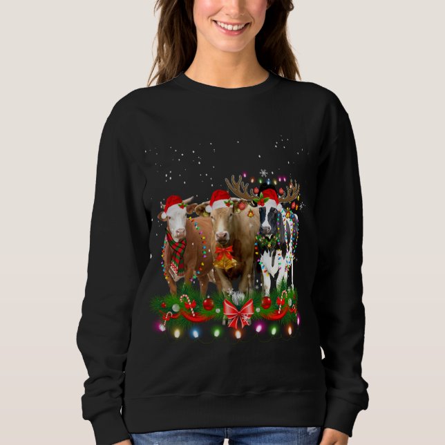 Cow Reindeer Hat Santa Christmas Light Funny Cow C Sweatshirt (Front)