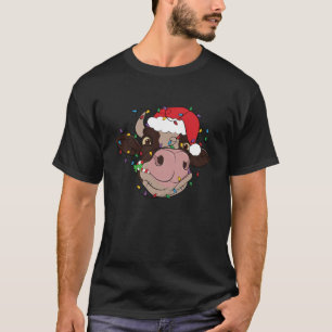 Cow Reindeer Hat Santa Christmas Lights Funny Cow T-Shirt