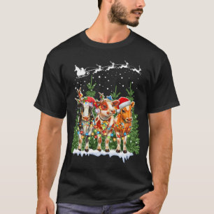 Cow Reindeer Hat Santa Christmas Lights Funny Xmas T-Shirt