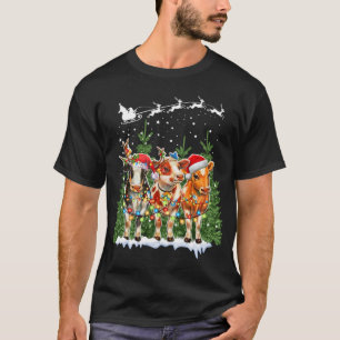 Cow Reindeer Hat Santa Christmas Lights Funny Xmas T-Shirt