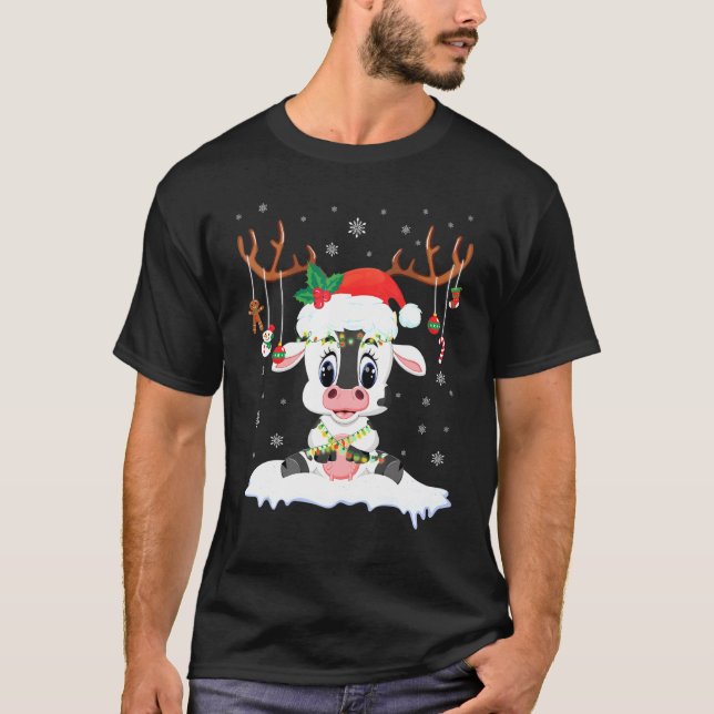 Cow Reindeer Santa Noel Costume Dancing On Snow Me T-Shirt (Front)