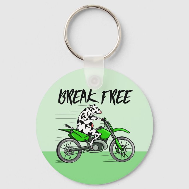 Cow riding a green motor cross bike key ring (Front)