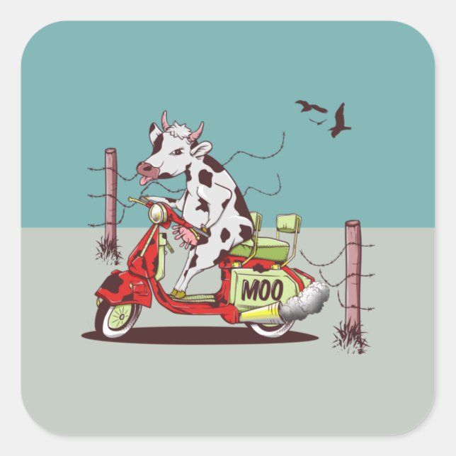 Cow riding a moped square sticker (Front)