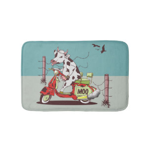 Cow riding a retro motorcycle bath mat