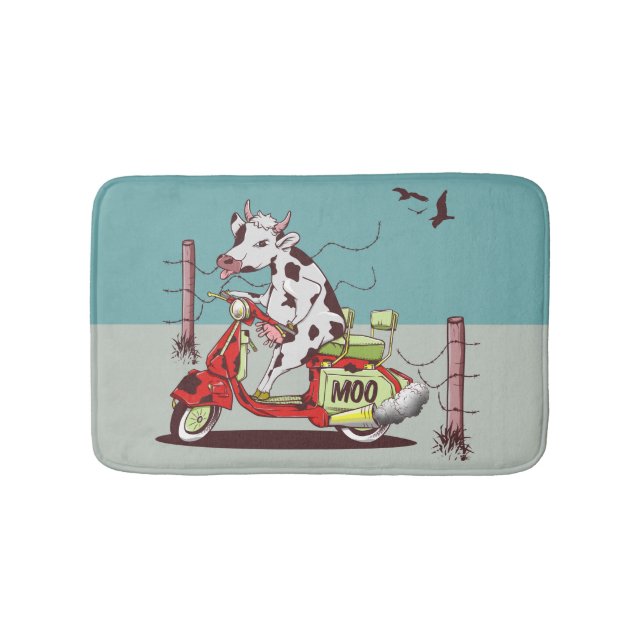 Cow riding a retro motorcycle bath mat (Front)