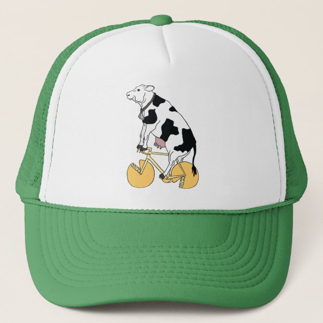 Cow Riding Bike With Cheese Wheel Wheels Trucker Hat (Front)
