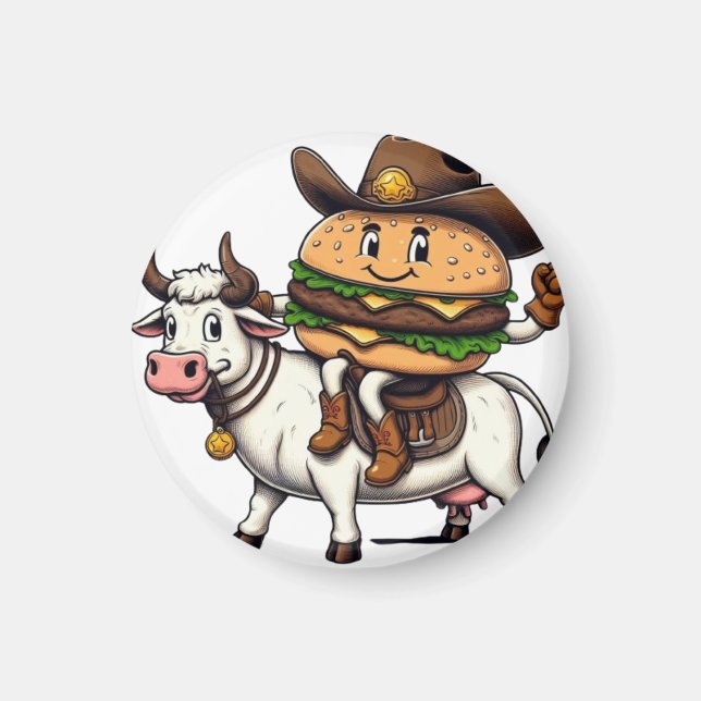 Cow Riding Hamburger Magnet (Front)