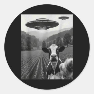 Cow Selfie with Alien UFO Funny Cow Farmer Men Classic Round Sticker
