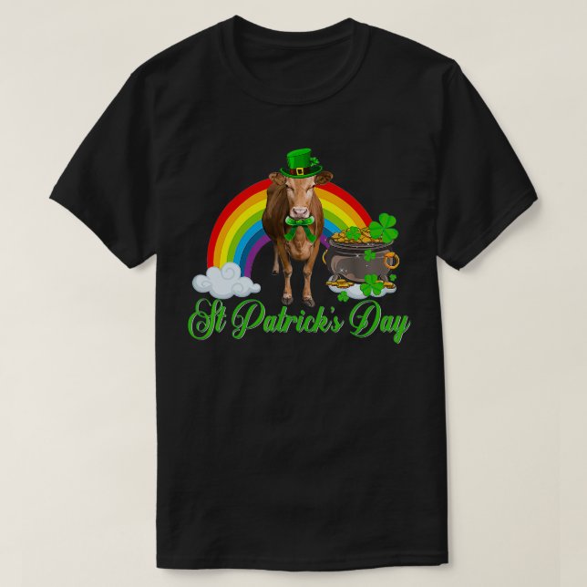 Cow Shamrock Rainbow St Patricks Day  T-Shirt (Design Front)