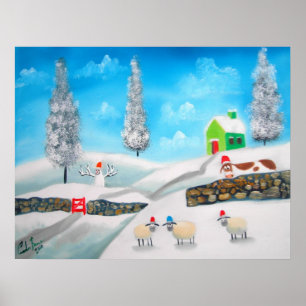 COW SHEEP folk winter SNOW SCENE painting G Bruce Poster