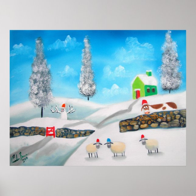 COW SHEEP folk winter SNOW SCENE painting G Bruce Poster (Front)