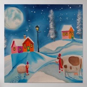cow sheep winter snow scene folk art poster