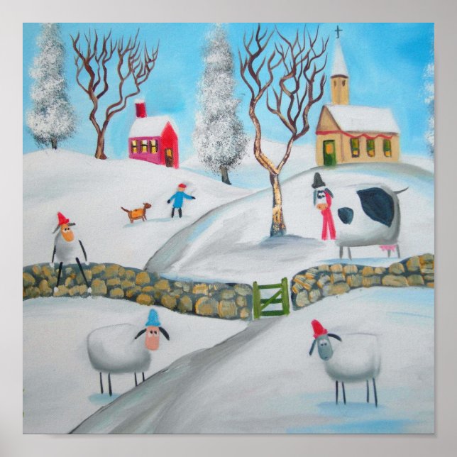 cow sheep winter snow scene naive folk art poster (Front)