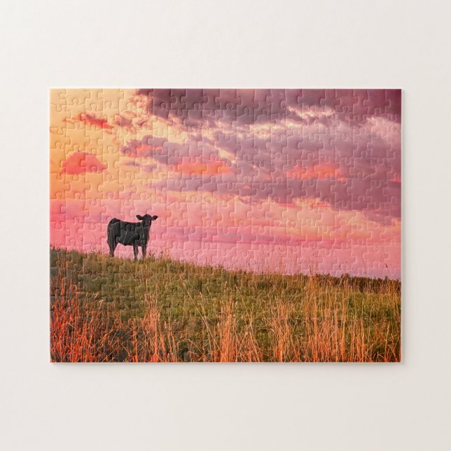 Cow Silhouette at Sunset Jigsaw Puzzle (Horizontal)