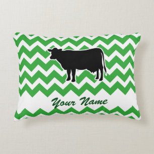 Cow Silhouette with Green Chevron Pattern Decorative Cushion