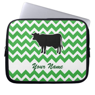 Cow Silhouette with Green Chevron Pattern Laptop Sleeve