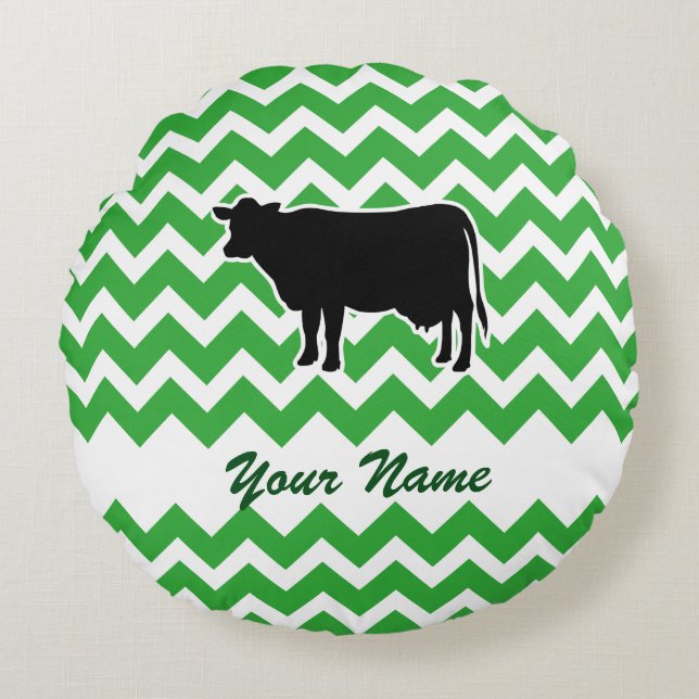 Cow Silhouette with Green Chevron Pattern Round Cushion (Front)