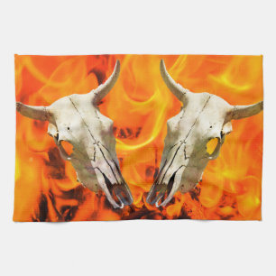 Cow skull and fire tea towel