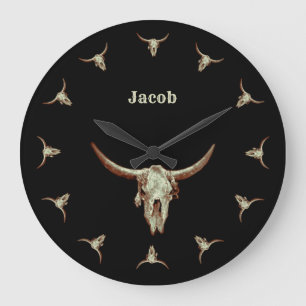 Cow Skull Black Western Country Rustic Style Large Clock