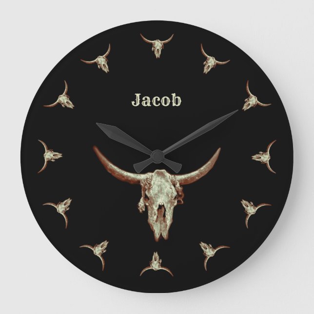 Cow Skull Black Western Country Rustic Style Large Clock (Front)